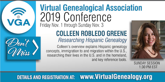 I am presenting on "Researching Hispanic Ancestry" at the online VGA Conference on November 3rd at 1:30 p.m. Eastern.